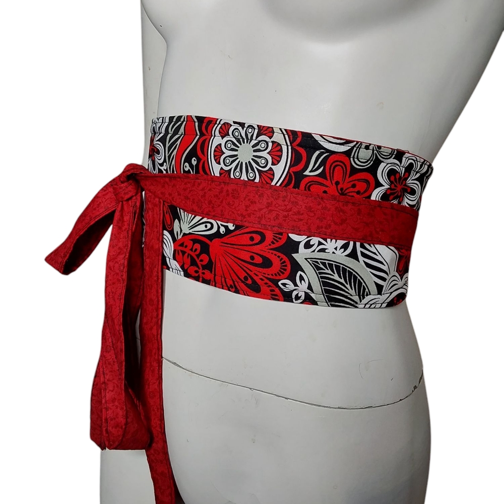 Handmad3 Revesible Red and Black Wrap Around Belt Floral Waist Belt